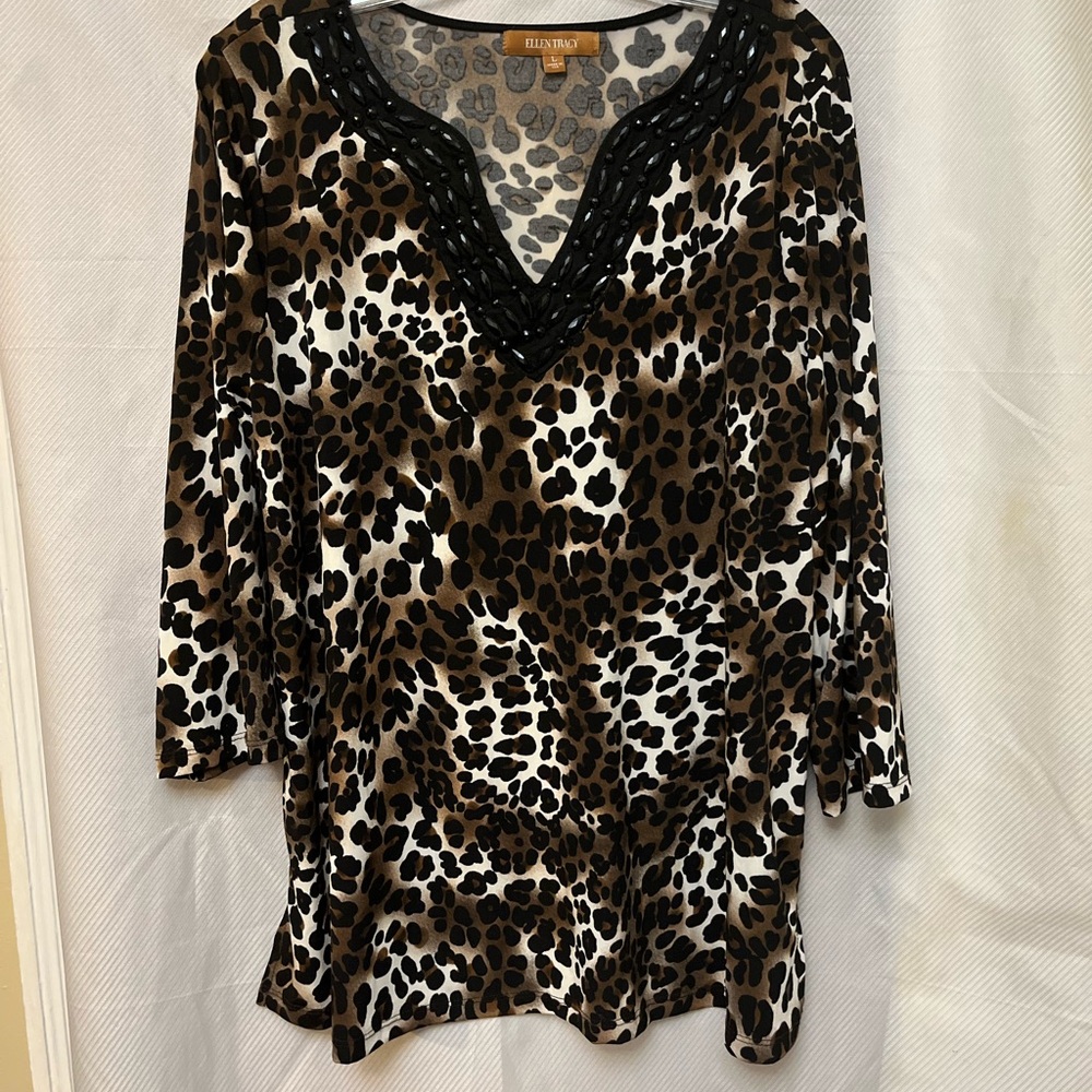 Ellen Tracy Black and Brown Leopard Print Top with embellished neckline L